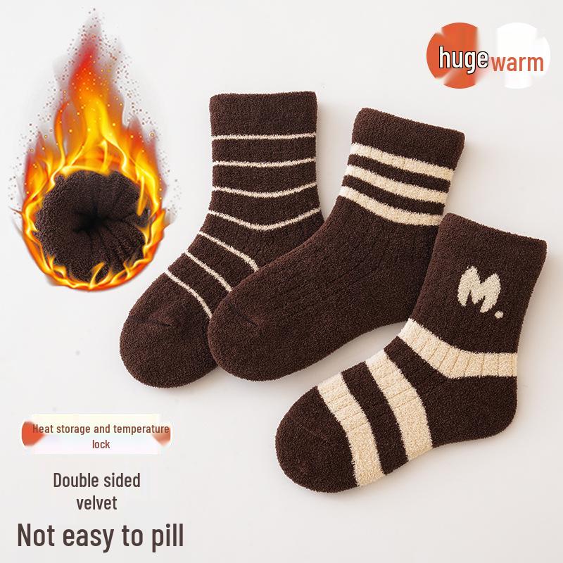 Children's Winter Plush Socks - Warm, Thickened Coral Fleece, New Year Red, Mid-Calf Length for Boys & Girls.