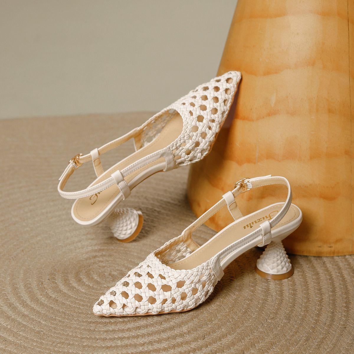 

Французские туфли-лодочки на высоком каблуке с плетеным верхом и полыми деталями, летняя новинка, дышащие, с мелким вырезом, элегантные, сандалии с открытым носком для женщин 40