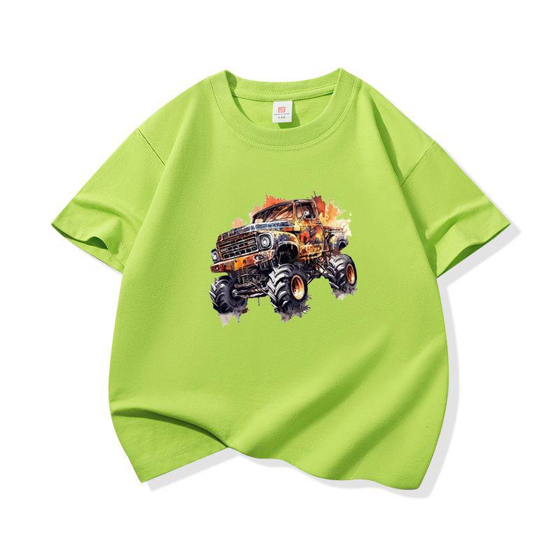 Kids Cotton T Shirt Vintage Watercolor Offroad Truck Print Crew Neck Short Sleeve Tee Casual Breathable Boys Girls Summer Tops