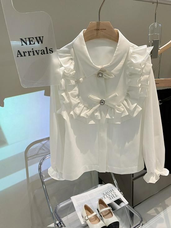 2024 Spring Girls' Ruffled French Princess Long Sleeve Flare Cuff Shirt