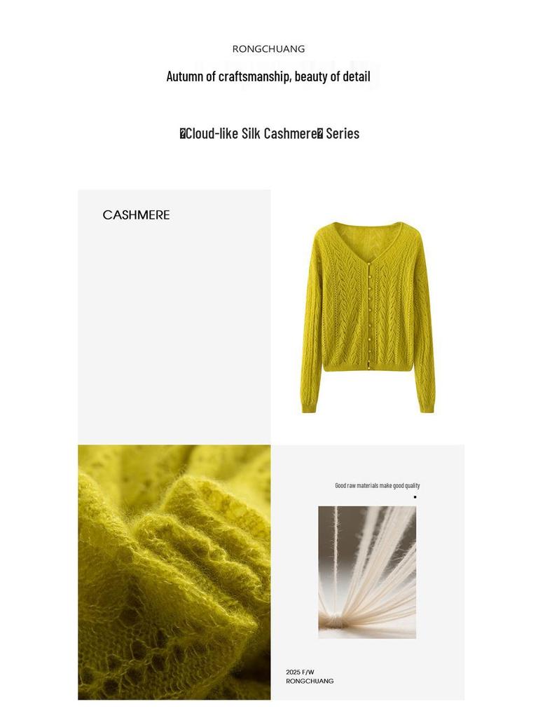 Women's V-Neck Hollowed Cashmere Cardigan - Loose Fit Autumn 2025 Cover-Up Pullover