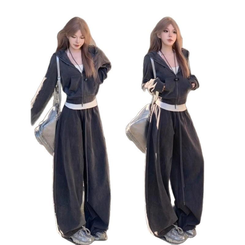 Women's American Street Style Hoodie and Wide-Leg Pants Set, Autumn/Winter Fashion, Loose Fit, Casual Two-Piece Set.