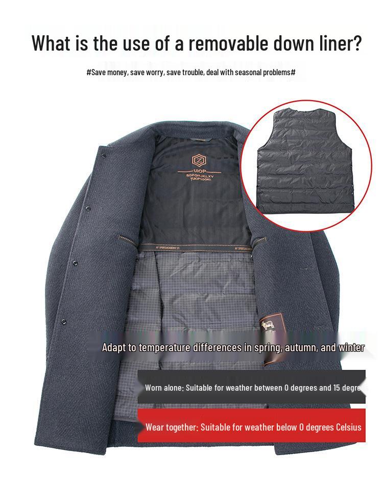 Men's Double-Sided Cashmere Wool Coat with Goose Down Liner - Business Casual Windbreaker for Middle-Aged Dads.