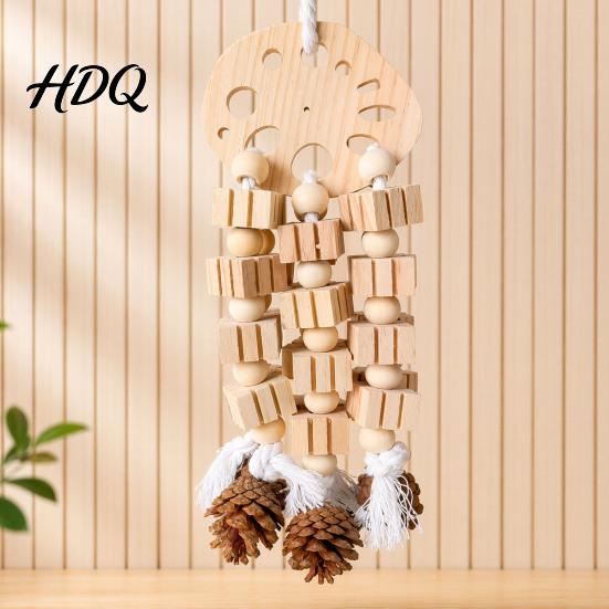Parrot Boredom Relief Toy Wooden Blocks Toy Bird Chew with Beads Pinecones Safe Natural Chewing for Parrots Beak Grinding Cage Accessory Macaws