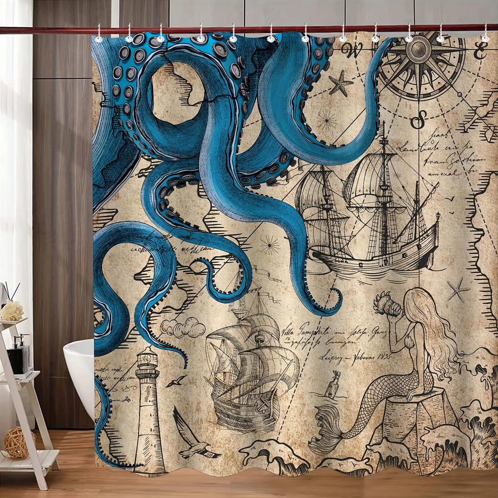 Vintage Nautical Octopus Waterproof Shower Curtain Navy Blue Mermaid Fun Ocean Sea Monster Bath Shower Curtain Anchorage Map