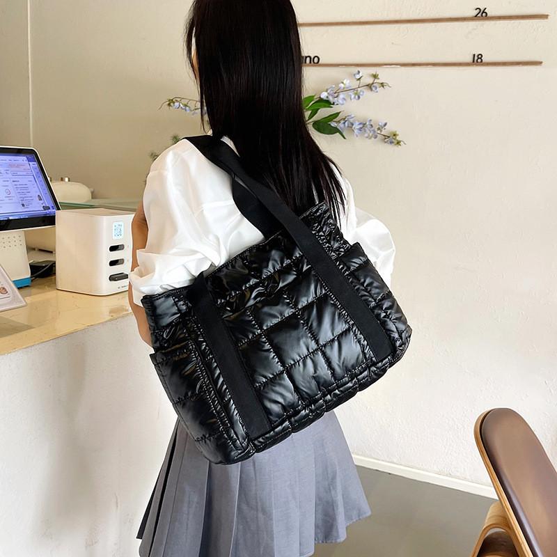 Cotton Tote Bag With Grid Pattern For Casual Daily Use