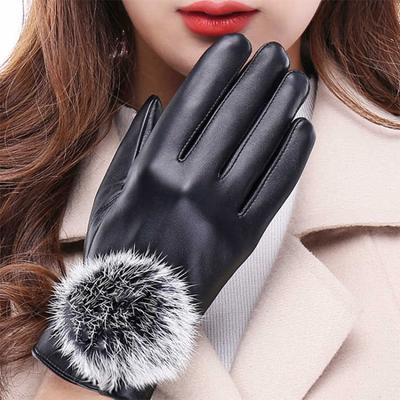 Women's Warm Gloves Plus Velvet Windproof Fur Ball Touch Screen Cycling Gloves