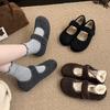 Velcro Gray Fluffy Shoes for Women's Winter Wear New Velvet Single Shoes Warm Cotton Shoes Flat Mary Jane Doudou Shoes
