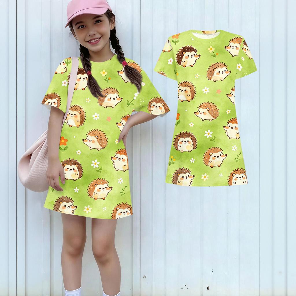 Girls Loose Fit Short Sleeve Dress Lightweight Round Neck Casual Animal Print Summer Dress for Children Comfortable Daily Wear