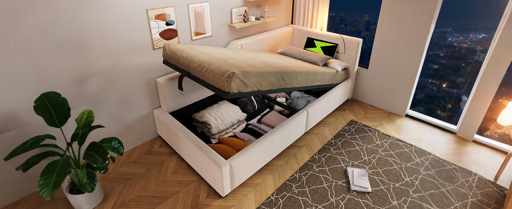 Upholstered Daybed 90x190cm, Sofa Bed with Hydraulic Storage, Reading Light and USB-C Charging, Children's Bed with Wooden Slatted Base, Velvet, Beige