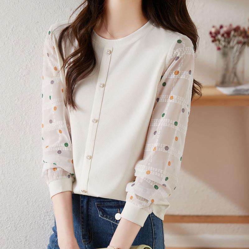 Polka Dot Long Sleeve Chiffon Blouse Women Autumn French Youthful Knit Top Patchwork Shirt