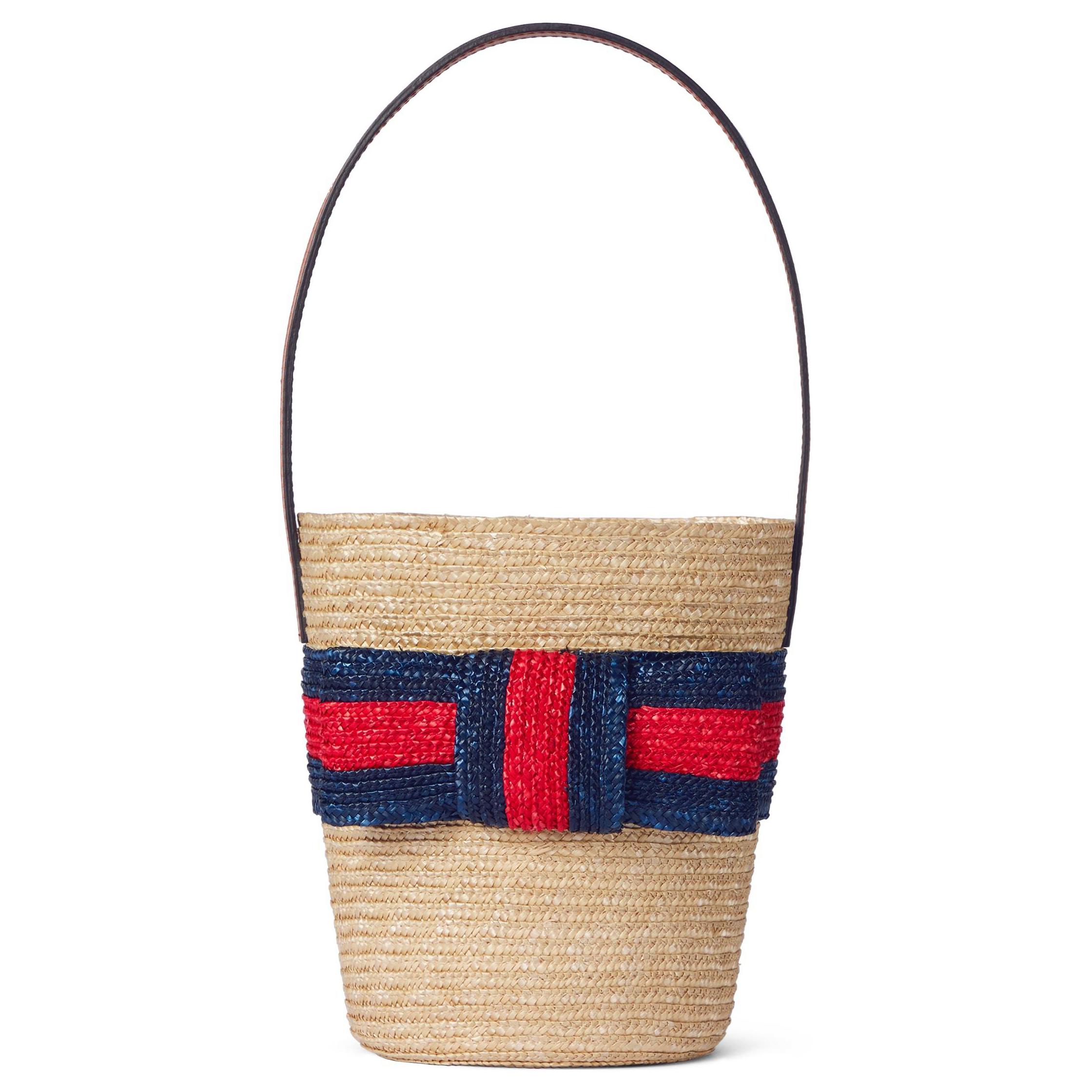 

Gucci Bow Red And Blue Striped Woven Straw Bucket Bag Kids Handbags Natural 814541-9AAGD-8550 Gift Set(Basic Set+Box+Shopping Bag)