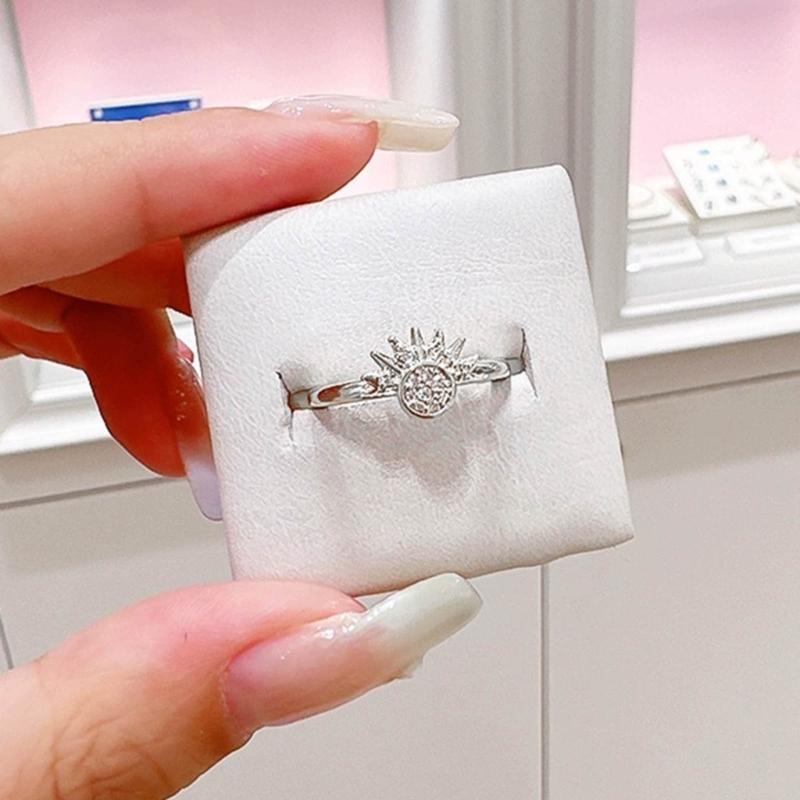 2Pcs Colorful Diamonds Open Rings Alloy Finger Rings Ornaments Stackable Sun Moon Rings Accessory Set for Women Girls