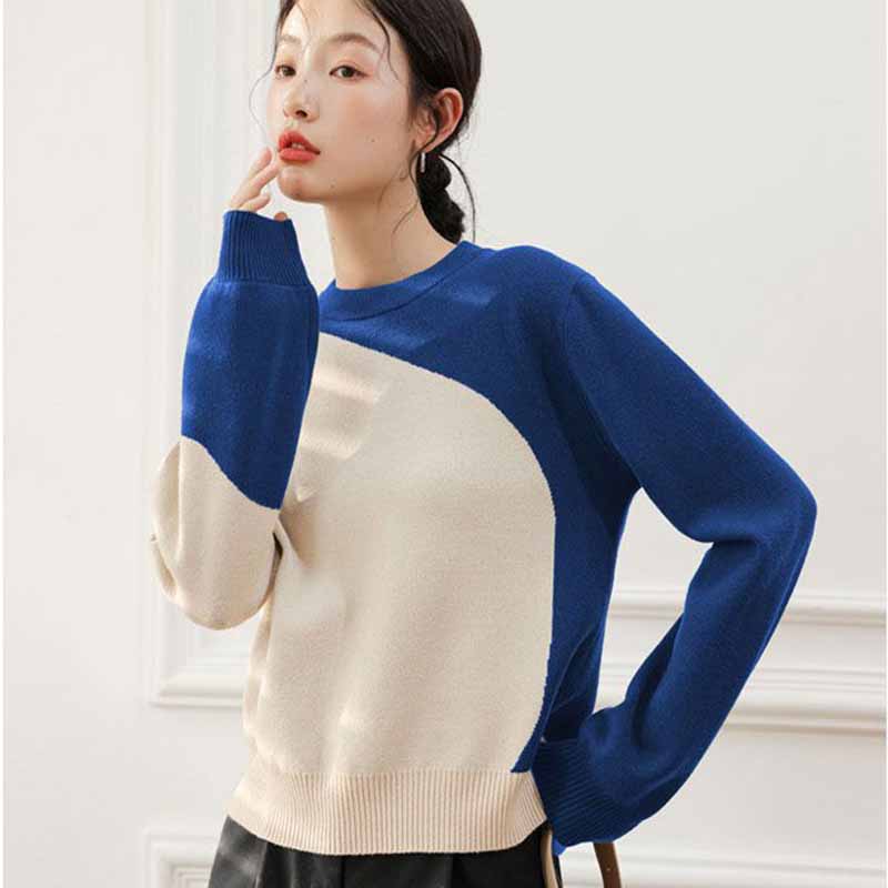 

Французская изысканная лоскутная трикотажная рубашка контрастного цвета, женский высококачественный свитер, темпераментный топ, осень и зима XXXL королевский синий