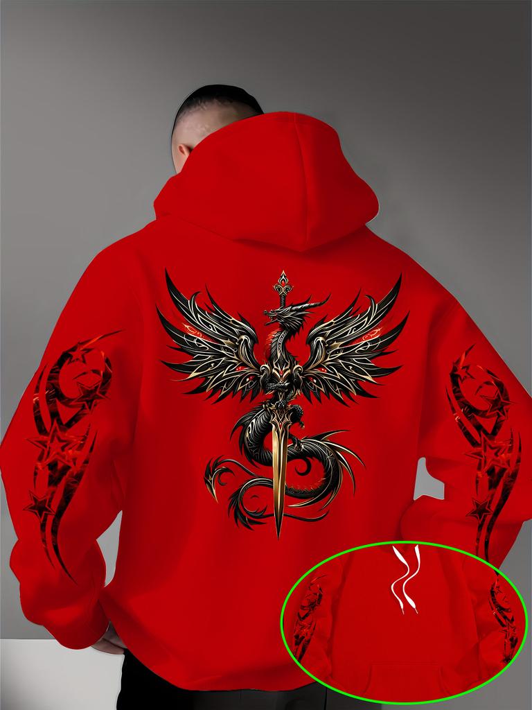 Men's Gothic Dragon Sword Hoodie Red Gold Dragon Graphic Black Streetwear Pullover Sweatshirt Hip Hop Sport Casual Top