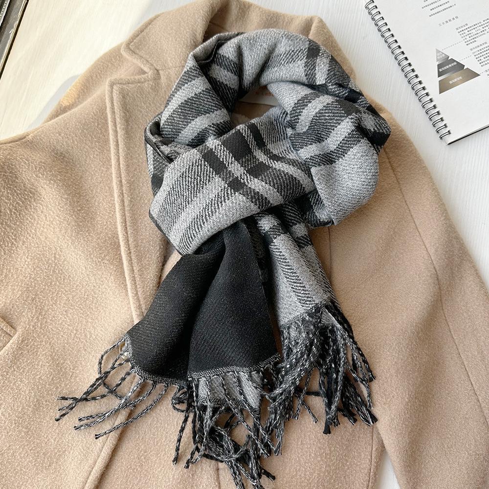 Double-sided Imitation Cashmere Tassel Autumn and Winter Scarf High End and Versatile Mid Length Plaid Couple Scarf for Men
