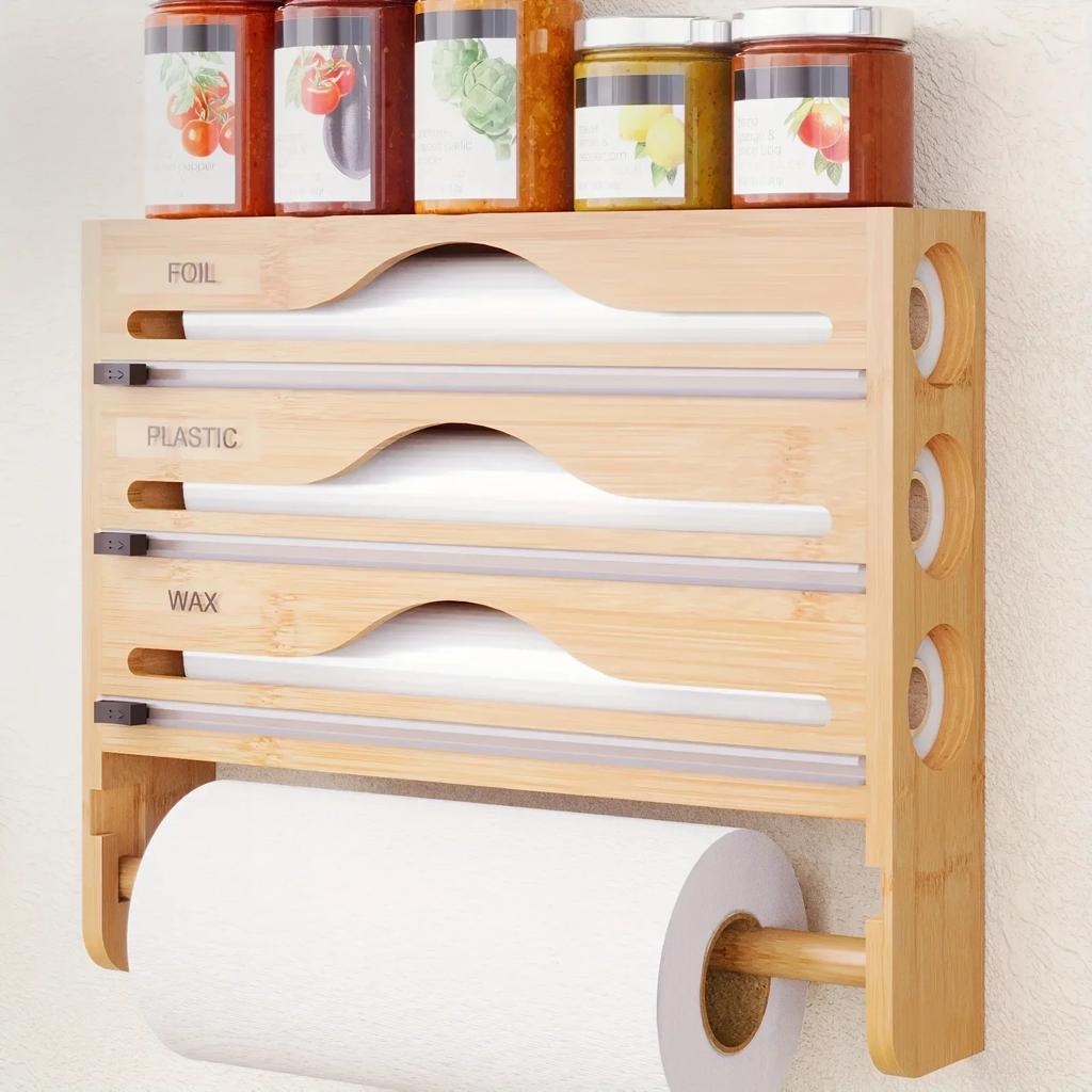 Bamboe Compartiment Vershoudfolie Dispenser Snijdoos Met Keukenpapier Wandmontage Handdoekhouder Keuken Organizer Accessoires