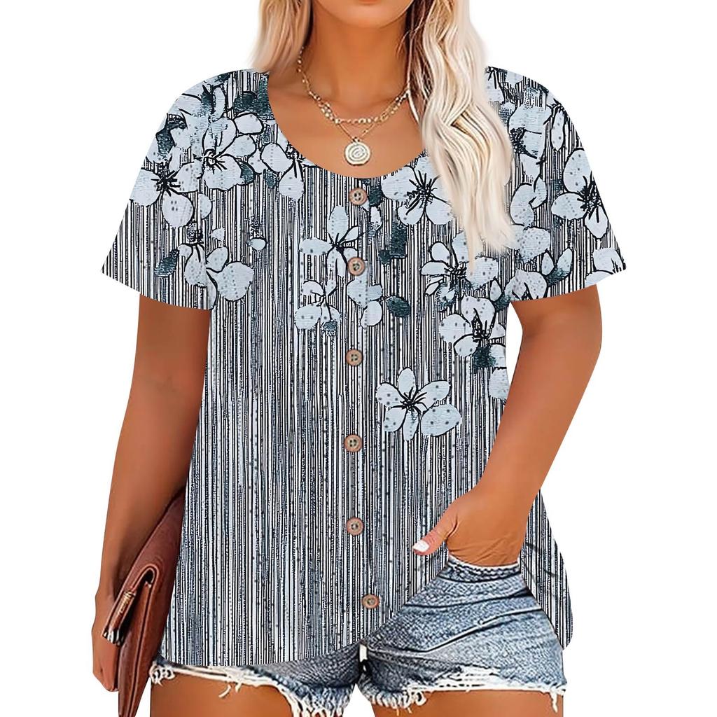 Plus Size Women's Fashion Casual Vintage Printed O-Neck Short Sleeve Button T-Shirt Top