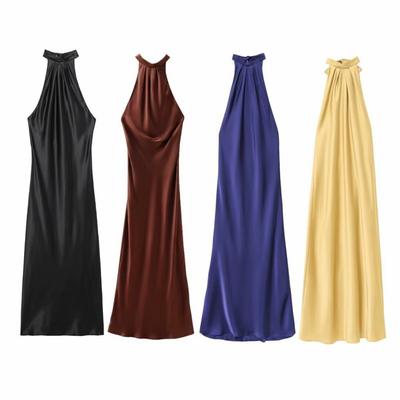 European American Women's Clothing Summer Backless Satin Hanging Neck Collar Long Dress