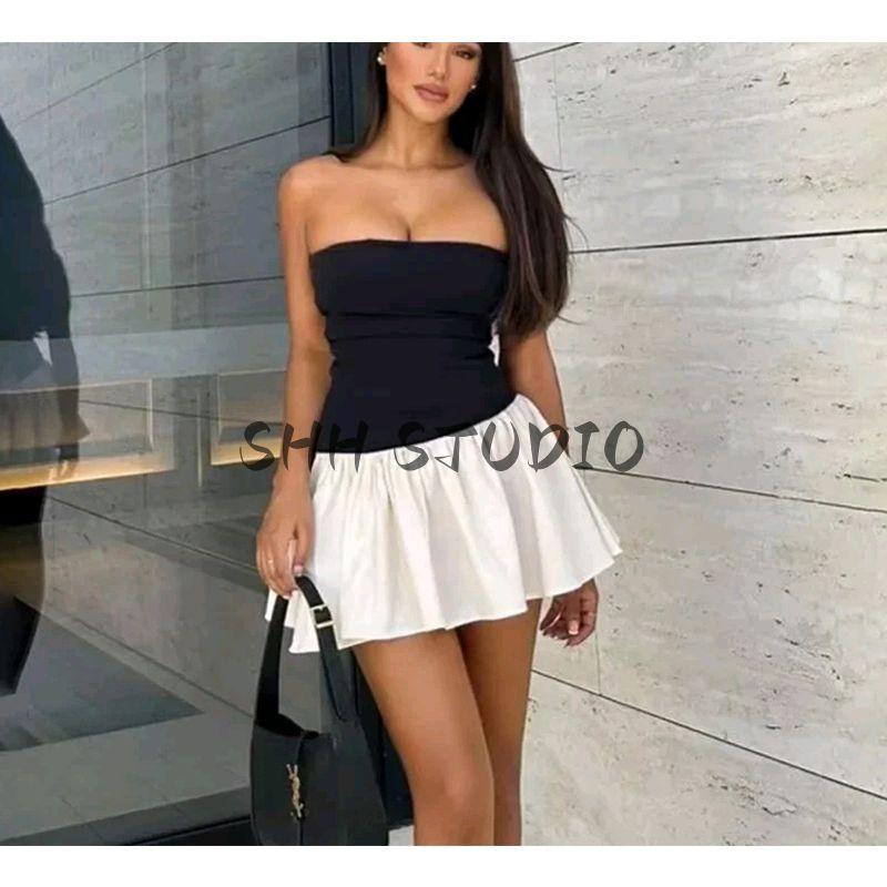 Women's Spring Clothing French Style Sexy Word Collar Sexy Contrast Color Stitching Pleated Silm High Waist A- Line Dress