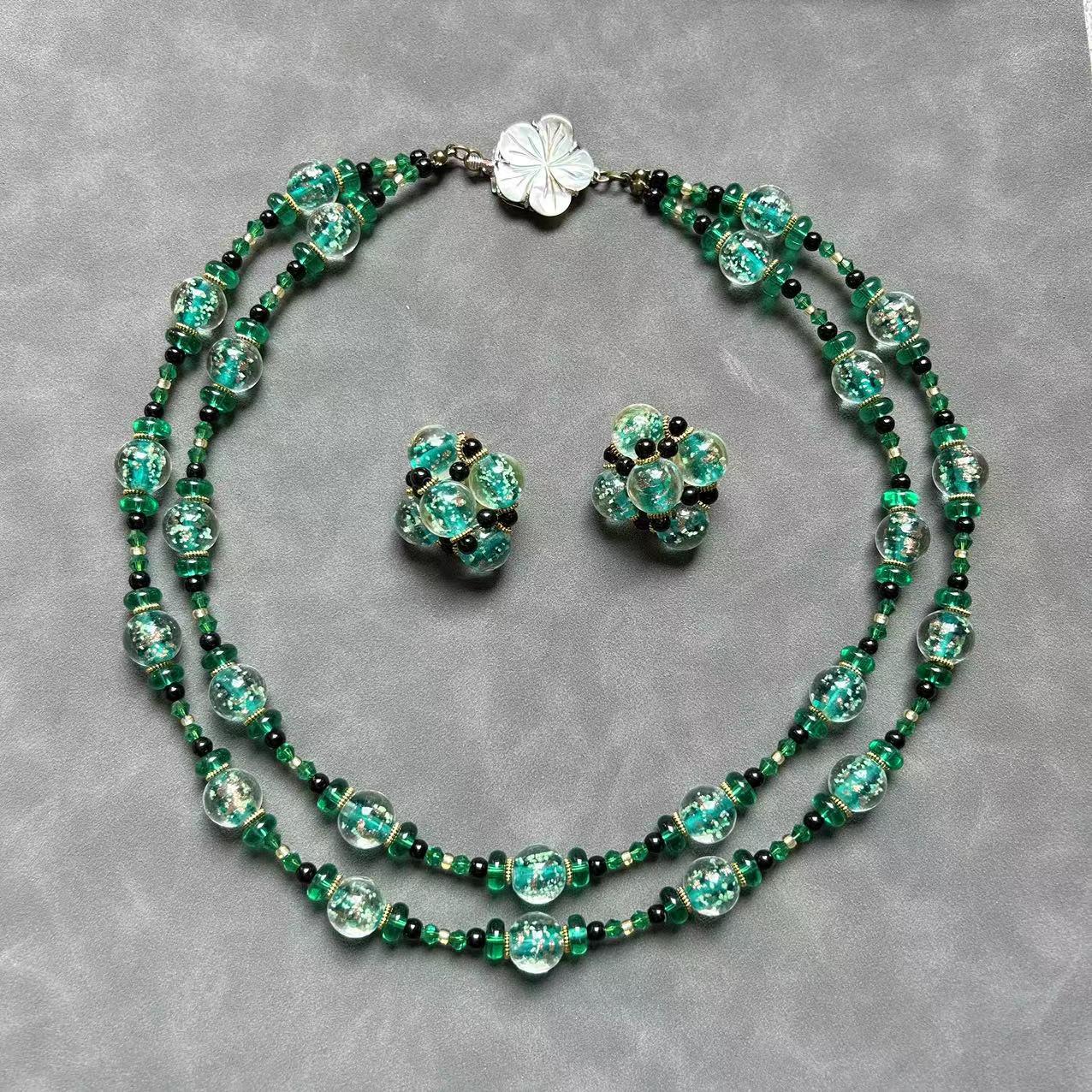 

Vintage Green Gold Sand Glass Necklace & Non-Pierced Earrings Set