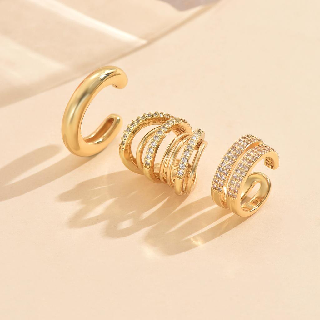 3 Pcs Zircon Korean Wave Multilayer Geometry Ear Cuff Clip on Earrings For Women Without Piercing Non-pierced Jewelry