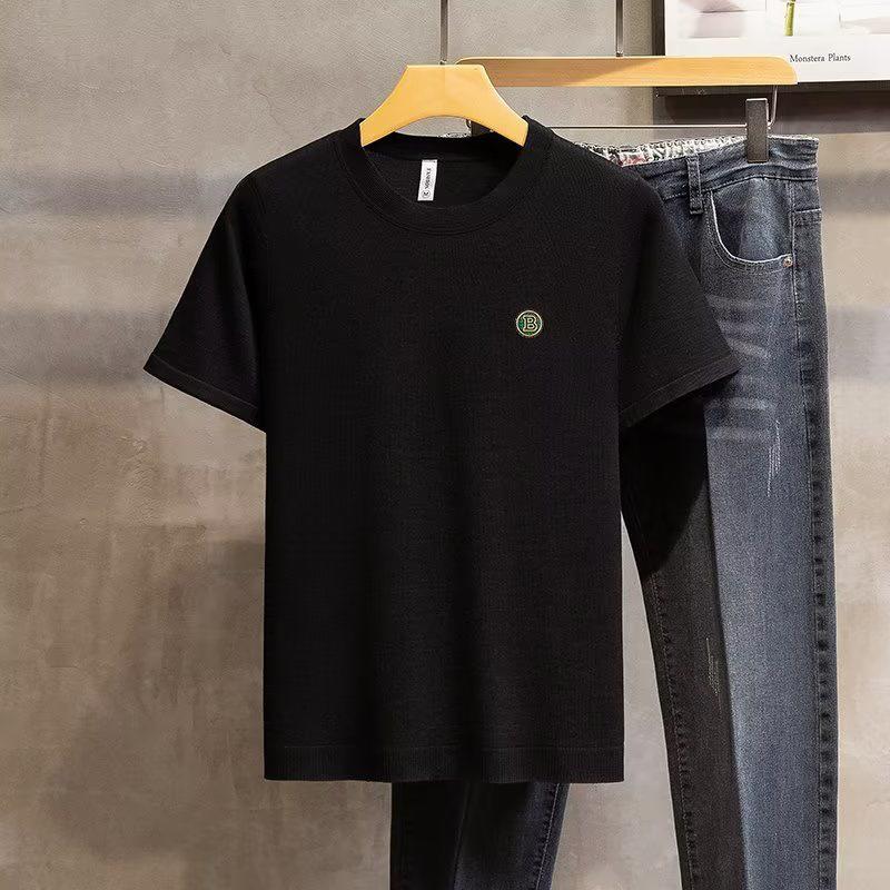 

2025 Men s Summer Solid Color Knit Short Sleeve Casual Sweater T-shirt 2XL чёрный
