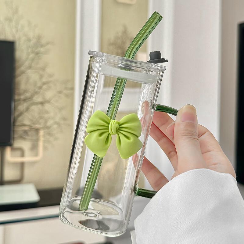 Cute Pink Borosilicate Glass Cup with Straw