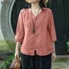 ZANZEA Women V-Neck Solid Color Loose 3/4 Sleeve Blouse