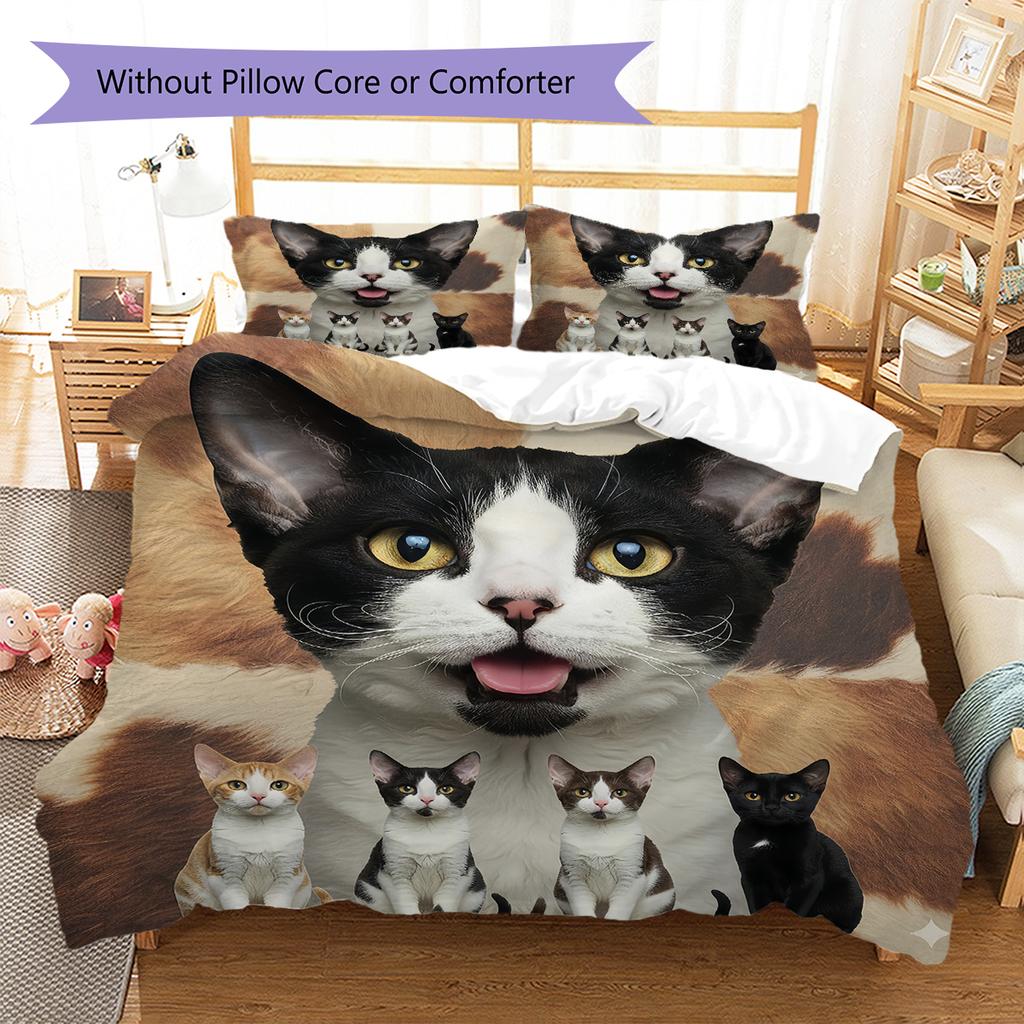 Cute Cat 3D Pattern Bedding Quilt Set Quilt Cover Pillowcase Home Decoration Gift (1 * duvet cover + 2 * pillowcase, without core)