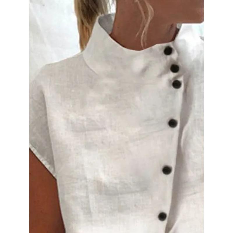 Stand Color Buttons Summer Women Blouse Casual Loose Fashion Shirts Solid Color Office Streetwear Simple Short Sleeve Tops New Sweet Clothing