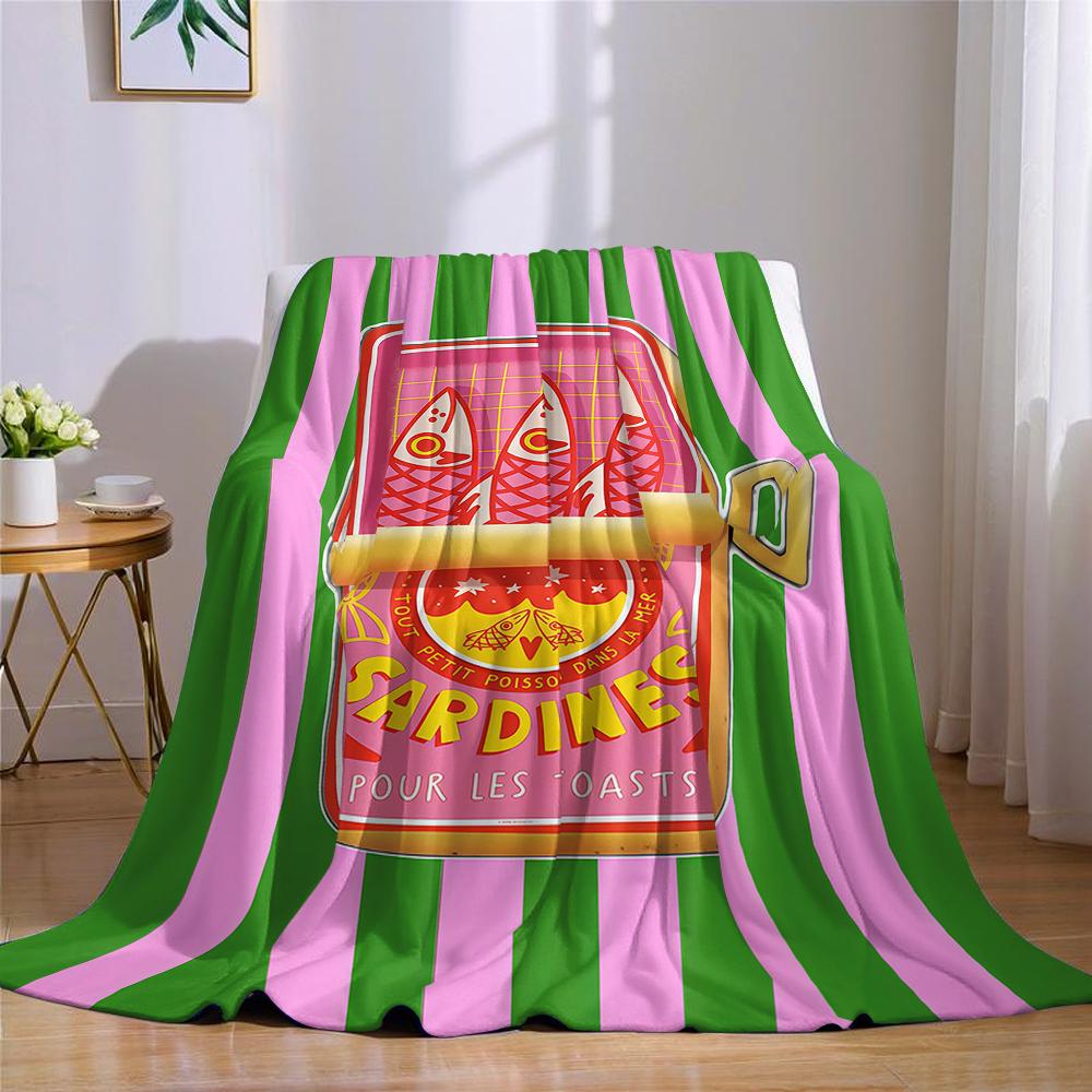 Sardines green pink stripe Flannel Blanket Warm Soft Halloween Christmas Couch Warm Cozy Decorative Decor Gift for All Season