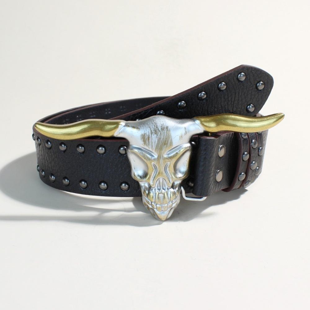 3.8cm Wide Bull Skull Buckle Leather Belt Western Rivet Embossed Belt  for Men Women