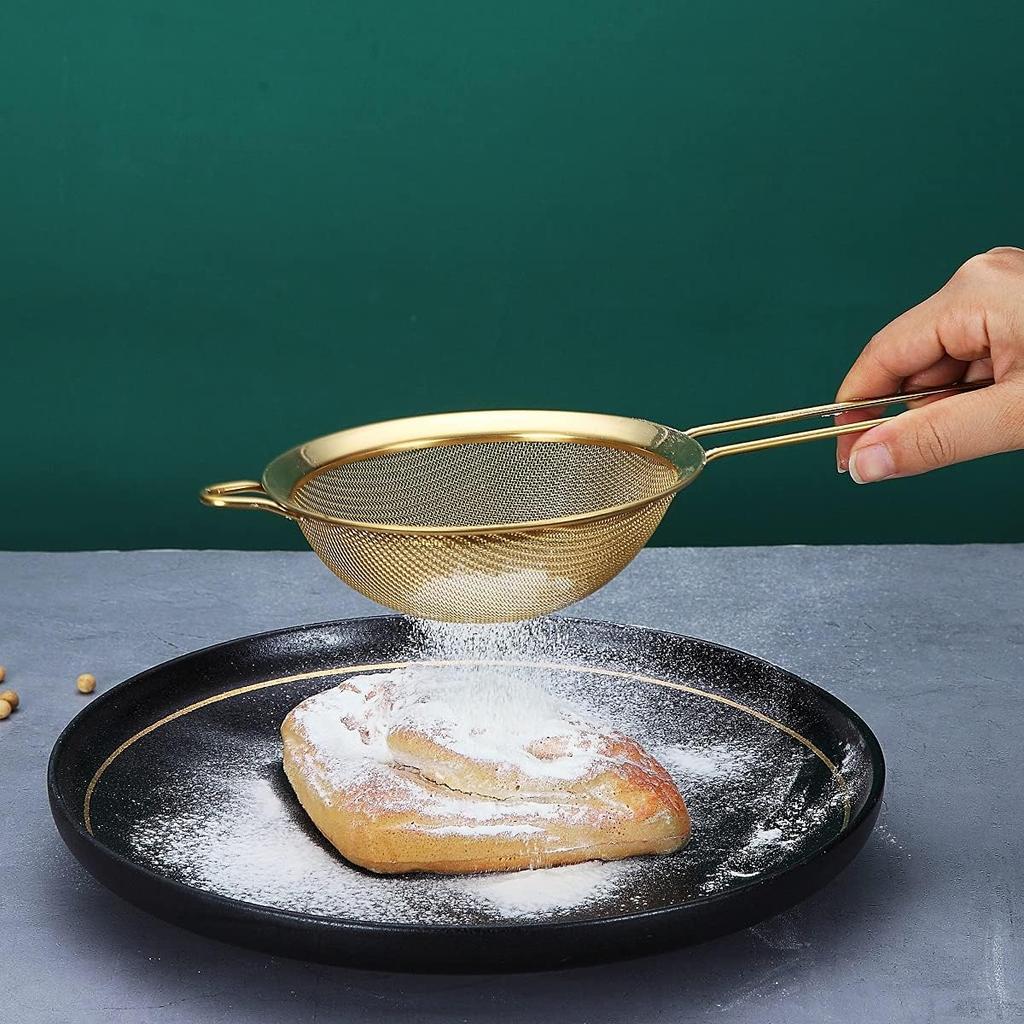 Gold Fine Mesh Strainer 3 Pieces Set, Golden Flour Sifter For Baking, Stainless Steel Clander, Gold Matcha Tea Strainer, Gravy Separator, Stasher