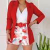 2 Stk./Set Damen Blazer Shorts Set Blumendruck Einfarbig Mantel Lange Ärmel