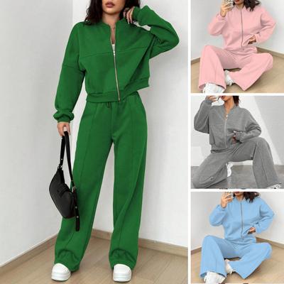 2 Pcs/Set Women Coat Pants Set Stand Collar Long Sleeve Zip-up Elastic Cuff Jacket Drawstring Stretchy High Waist Wide Leg Trousers Sport Tracksuit
