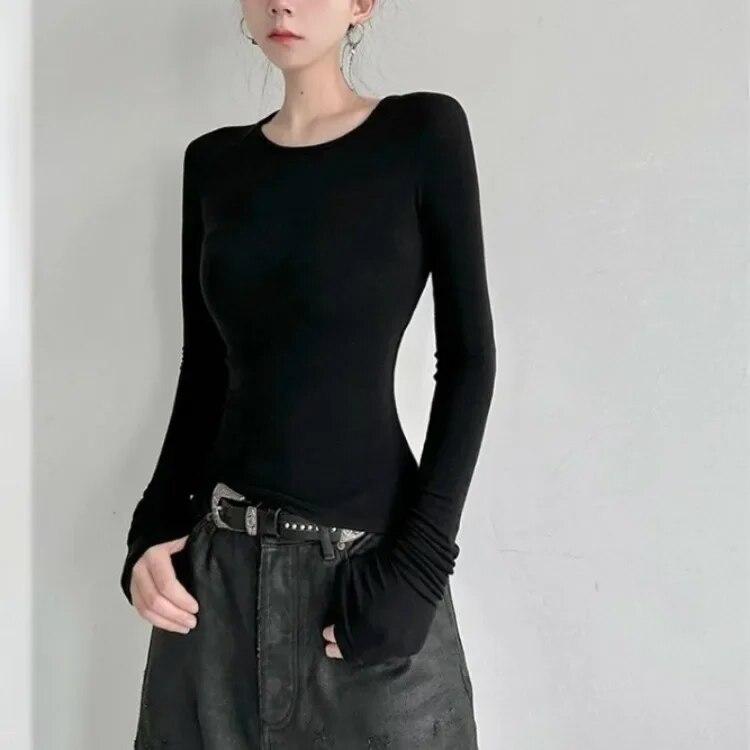 Black Retro Angel Print T-shirt for Women 2026 Autumn Fashion Slim Fit Tee Shirt Y2k E-Girl Long Sleeve Bottoming Tops Mujer