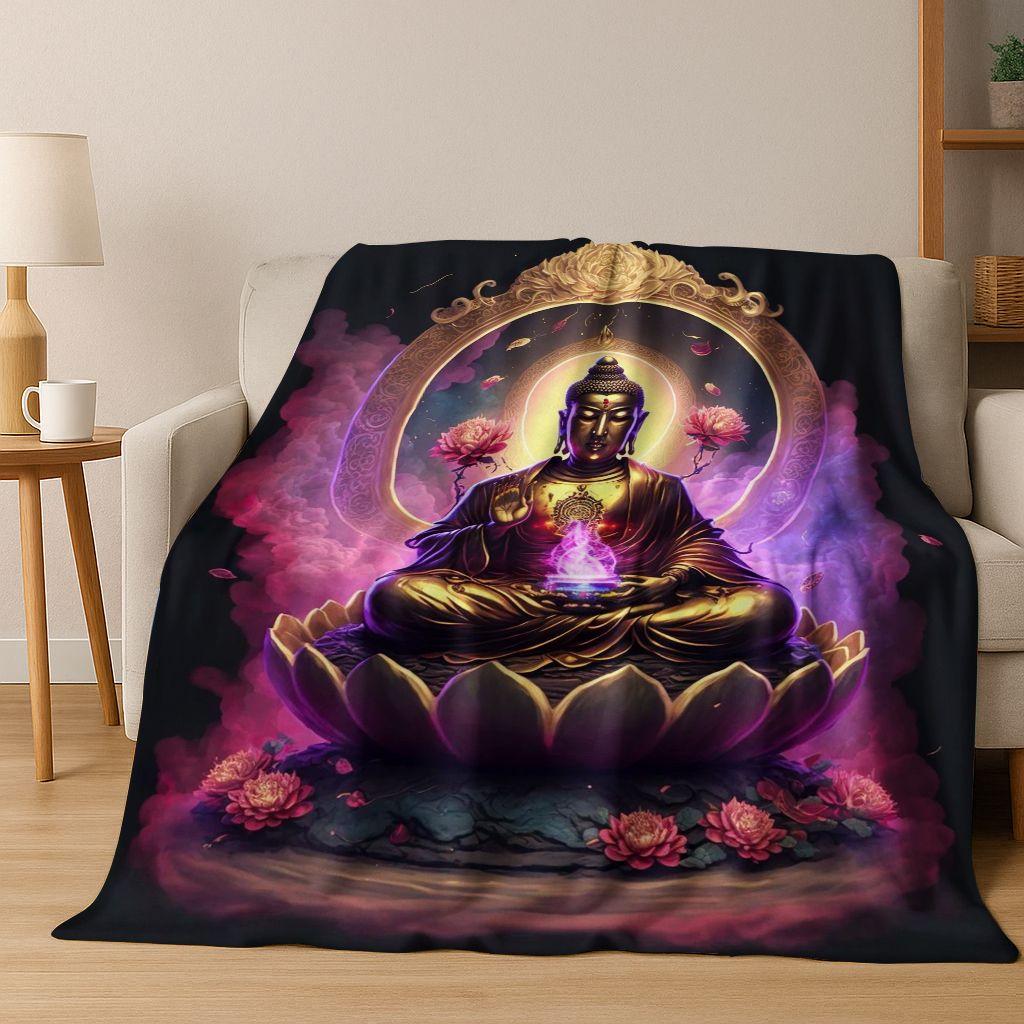 Faith Solemn Buddha Sakyamuni Flower Flannel Blanket,Cozy Soft Throw Blanket for Home Bedroom Bed Sofa Picnic Cover Gift Kids