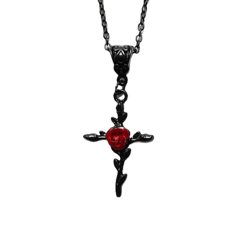 Black Rose Cross Necklace - Gothic Victorian Pendant