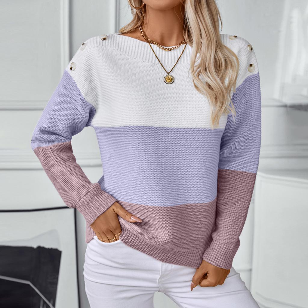 Women's Fashion Casual One-shoulder Button Pullover Knit Cardigan Contrast Color Pullover Long Sleeve Loose Sweater