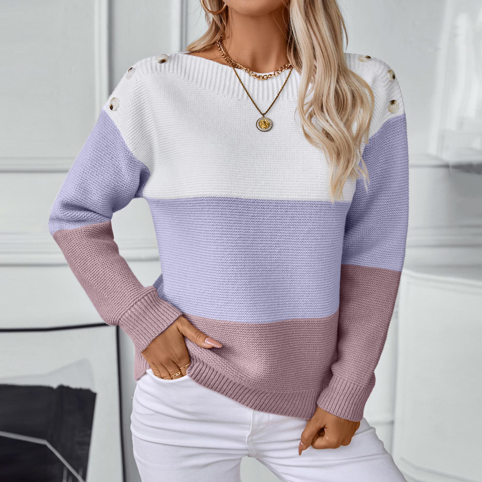 

Женский модный повседневный пуловер на одно плечо с пуговицами, вязаный кардиган, пуловер контрастного цвета, свитер с длинным рукавом свободного кроя XL фиолетовый