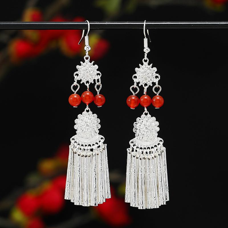 Miao Yin earrings original niche retro Dongling jade earrings long fringed earrings women