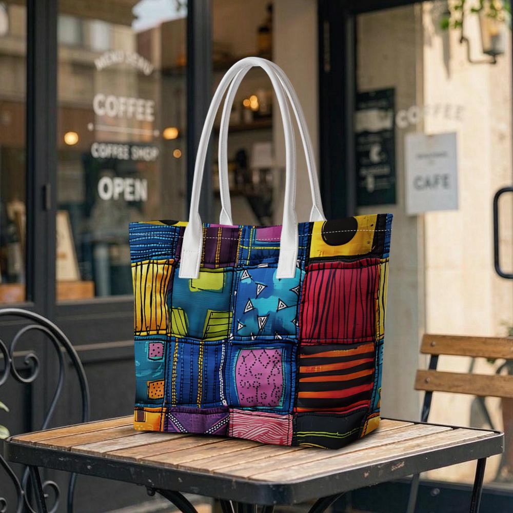 Colorful Patchwork Print Tote Bag Casual Daily Use Shoulder Bag Fashion Lightweight Top Handle Shopping Bag
