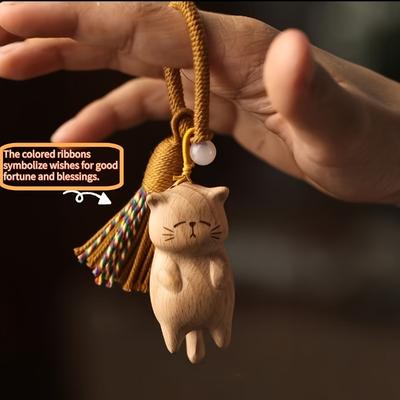 1pc Hand-Carved Lucky Cat Charm -  Portable Keychain or Bag Pendant, Birthday/Christmas Gift for Women, Home/Office Decor