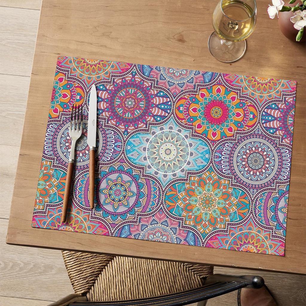 Mandala Vintage Vinyl Plastic Placemats Set of 4, 12x18 Inch Washable Non-Slip Table Mats for Party Kitchen Dining Decor