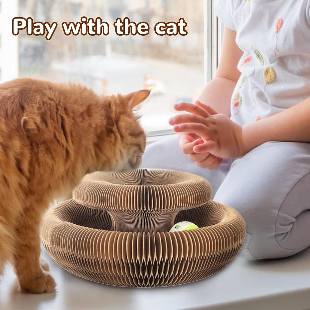 Magic Organ Cat Scratcher Pad with Bell-Ball, Cat Cardboard Lounge Bed, Kitty Kurlz Cat Toy, Cat Accordion Cordain, Foldable Interactive Cat Butler