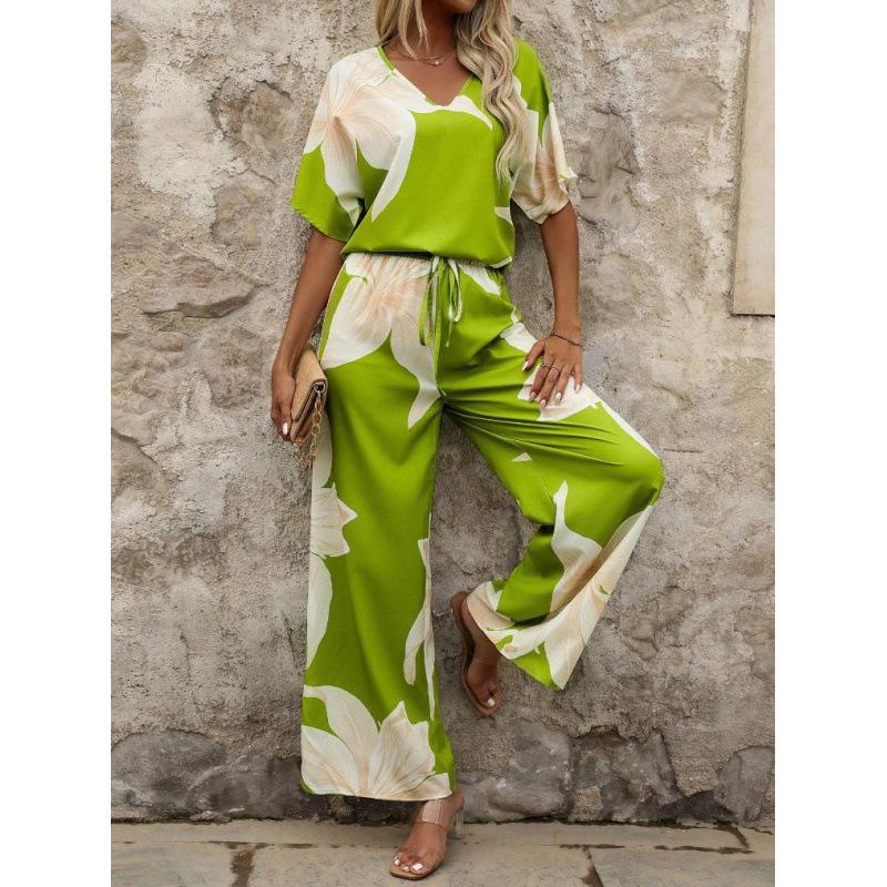 1116 Summer European and American suit printed V-neck bat sleeve top long pants fashion source