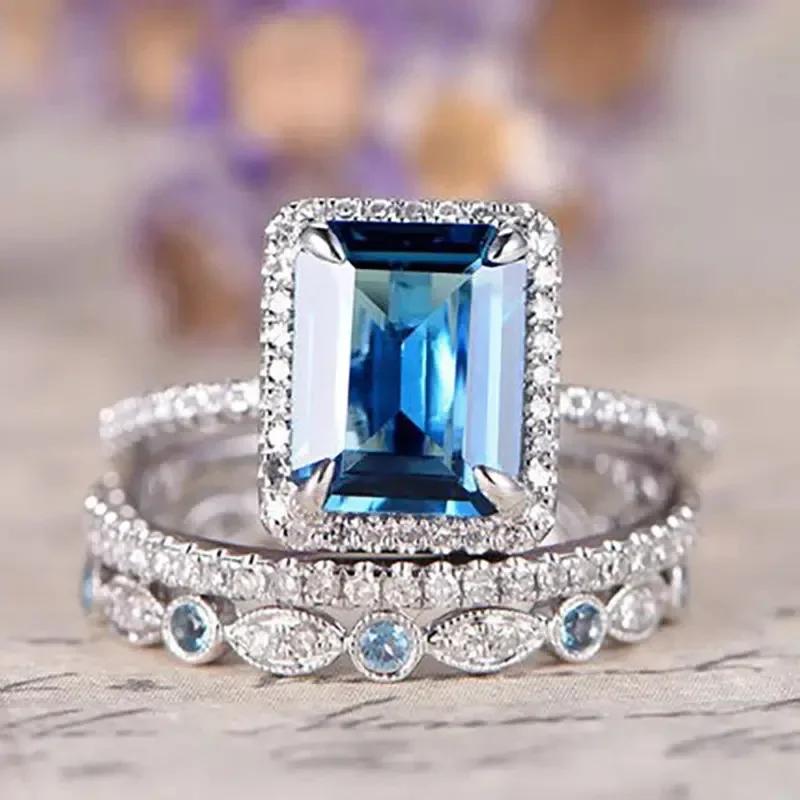 Bridal Wedding Love Water Drop Shining Design French Romantic Horse Eye Blue Zircon Ring Trendy Elegant Jewelry
