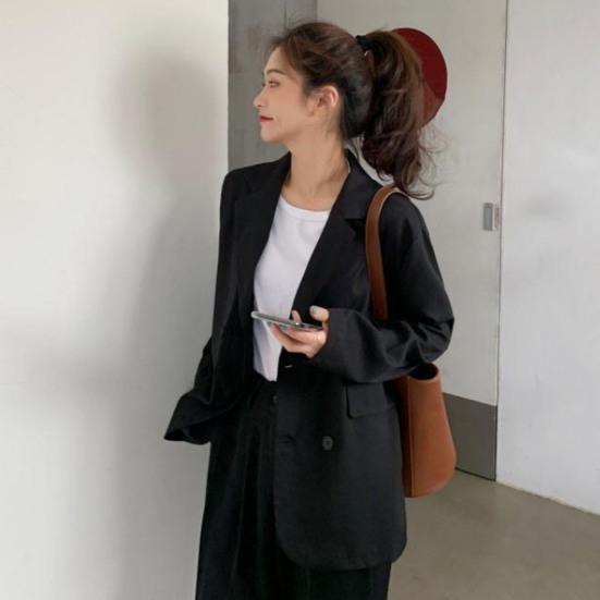 Jarní dámské sako, jednobarevné, dvouřadé, klopové, kancelářské, dámské, volný střih, klopové kapsy, sako