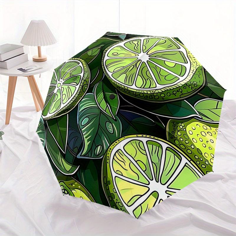 1pc Lime Slices Automatic Open/Close Umbrella with One-Touch Button, Compact Folding Canopy, Sturdy 8-Rib Windproof Design -026